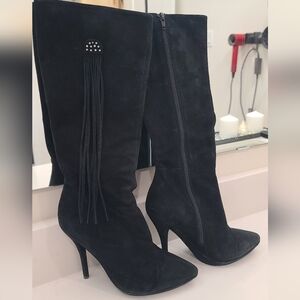 Braska Pointed Toe Black Knee High Suede boots with fringes eur 37